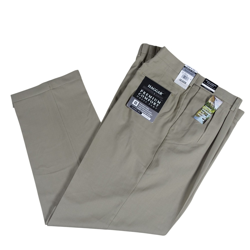 Haggar Premium Comfort Dress Pant Mens 42x32 Med Khaki Pleated Classic Fit NEW